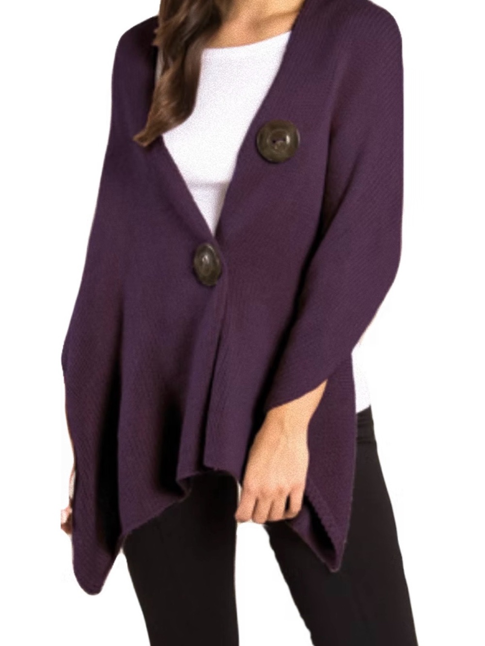 Multi-Wear Convertible Knit Wrap Shawl Cardigan with Statement Buttons – Purple